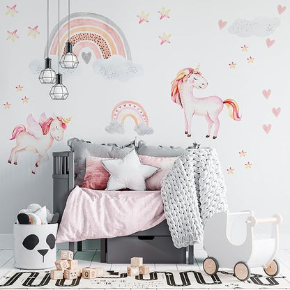 Large Rainbow Wall Decals by Lipastick - 132 pcs Rainbow Wall Stickers - Unicorn Wall Decals for Kids Bedroom Room Nursery – Kids Wall Stickers Cloud Stars Ponies - Waterproof Wall Art Décor L Size