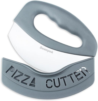 Premium Pizza Cutter Food Chopper-Super Sharp Blade Stainless Steel Pizza Cutter Rocker Slicer with Protective Sheath Multi Function Pizza Knife Kitchen Tools,Dishwasher Safe (Gray)