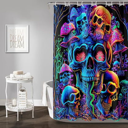 AILONEN Mushroom Skull Shower Curtain for Bathroom,Purple Mushroom Skull Bath Curtain,Fantasy Fairy Skull Skeleton Decoration Bathroom Waterproof Shower Curtain with 12 Plastic Hooks, 48" W*72" H