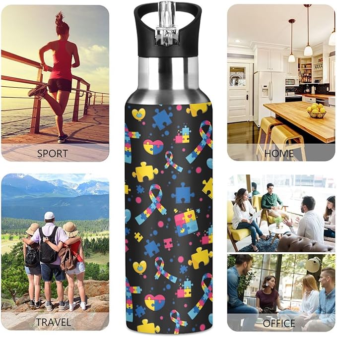 Autism Stainless Steel Water Bottle with Straw Lid - 20 Oz Sports Insulated Water Bottle Thermos for Sport Gym Outdoor Travel School (07-B14)