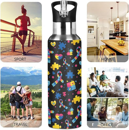 Autism Stainless Steel Water Bottle with Straw Lid - 20 Oz Sports Insulated Water Bottle Thermos for Sport Gym Outdoor Travel School (07-B14)