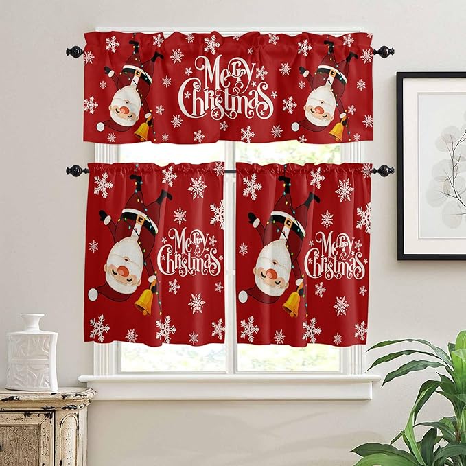 Red Merry Christmas Kitchen Curtains and Valances Set, Funny Hanging Santa Windows Treatments Tiers Half/Short Curtains for Small Windows Cafe /Living Room/ Bedroom 54x36 in Snow Winter Holiday