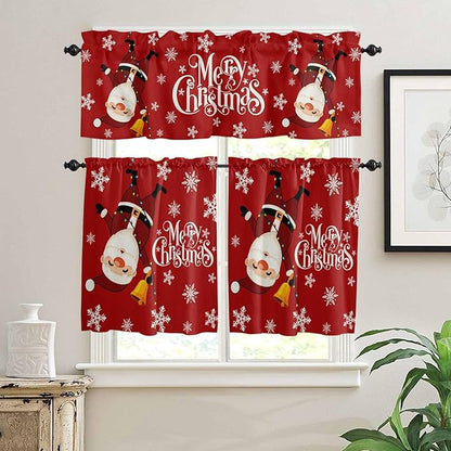 Red Merry Christmas Kitchen Curtains and Valances Set, Funny Hanging Santa Windows Treatments Tiers Half/Short Curtains for Small Windows Cafe /Living Room/ Bedroom 54x24 in Snow Winter Holiday