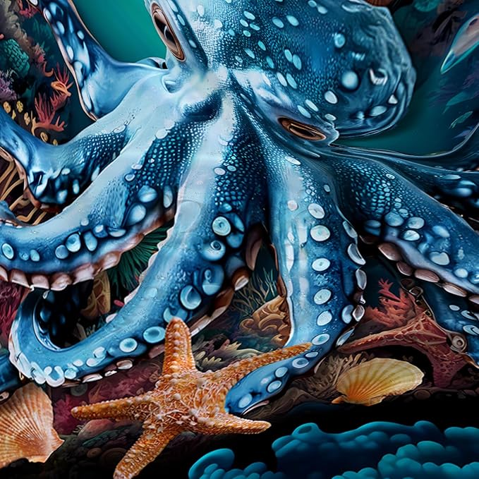 AILONEN Cartoon Blue Octopus Shower Curtain for Bathroom,Funny Octopus Bath Curtain for Kids,Boys,Girls,Ocean Animal Starfish Theme Waterproof Fabric Shower Curtain Set with Hooks,72" W*78" H