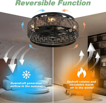 Low Profile Caged Ceiling Fan With Light&Remote, 17" Flush Mount Farmhouse Ceiling Fan, Enclosed Rustic Ceiling Fan with Reversible Motor, Black and Gold Industrial Ceiling Fixture for Bedroom/Kitchen