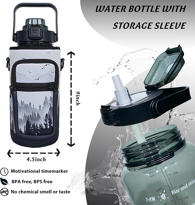 64 oz Water Bottle with Straw Sleeve & Strap Motivational Half Gallon Water Jug with Handle for Gym Women Men Aesthetic Water Bottle with Strap Bird