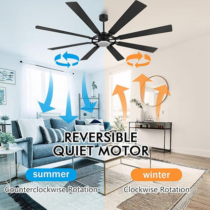 72" Ceiling Fan with Lights and Remote Control, Wood 8 Blades 6-Speed Noiseless Reversible DC Motor, 3 Downrods, Modern Large Ceiling fan for Covered Patio Bedroom Dining Living Room, Black