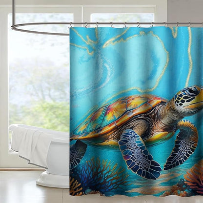 AILONEN Kawaii Sea Turtle Shower Curtain,3D Ocean Animal Themed Bath Curtain Cloth Fabric Bathroom 72" W*96" H Inch,12 Pack Hooks for Kids Child,Colorful Marble Style Bathroom Curtain