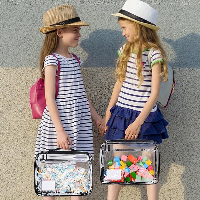 4 Pack Toy Storage Organizer Bag for Lego Bricks, Clear PVC Zippered Block Set with Manual Pocket& Name Tag, Waterproof Toy Carrying Case for Board Games, Building Blocks& Puzzles (Large Black)