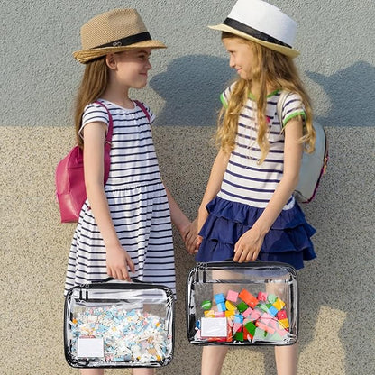 4 Pack Toy Storage Organizer Bag for Lego Bricks, Clear PVC Zippered Block Set with Manual Pocket& Name Tag, Waterproof Toy Carrying Case for Board Games, Building Blocks& Puzzles (Large Black)