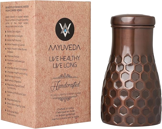 AAYUVEDA® Pure Copper Antique Honeycomb Bedroom Water Bottle 34oz, with in-Built Glass (Loose Lid)