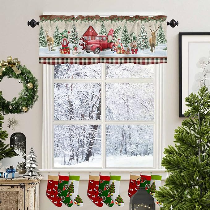 Christmas Farmhouse Valance Kitchen Curtains for Windows, Red Truck Gnomes Rod Pocket Valances Window Treatments Winter Holiday Snowman Short Curtains For Bedroom/ Living Room, 54" X 18" -1 Panel
