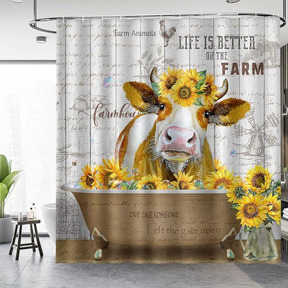 Aimego Extra Long Shower Curtain - Farmhouse Funny Cute Cow Sunflower Rustic Wooden Country Fabric Cloth Shower Curtain Set with 12 Hooks for Bathroom Decor Accessories Bathtub Curtain, 72"x84"