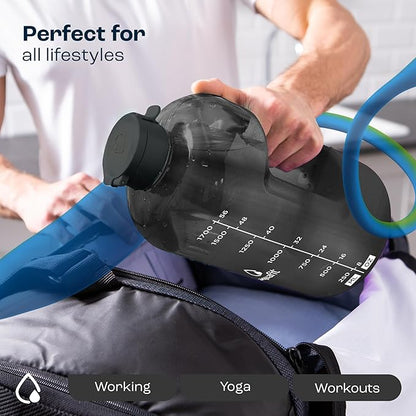 AQUAFIT 64 oz Water Bottle with Time Marker - BPA Free Half Gallon Water Bottle with Straw - Gym Water Bottle with Handle, Gallon Water Jug, Big Water Bottle, Large Water Bottle (Green, 2 Lids)