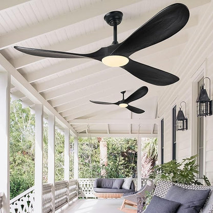 52 Inch Ceiling Fans with Lights and Remote Control, Wood Outdoor Ceiling Fan with Light 3 Blade Modern Black Ceiling Fans Propeller for Patios Porch Garage, ETL Listed DC Motor, Matte Black