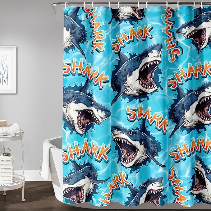 AILONEN Blue Shark Shower Curtain,Scream Shark Bath Curtain Gifts for Kids,Ocean Animal Polyester Waterproof with 12 Plastic Hooks, 72" W*72" H Blue