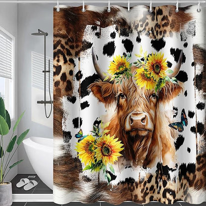 AILONEN Yak Shower Curtains for Kids Boys Girls,Highland Cattle Sunflower Cow Fur Print Bath Curtains for Bathroom Decor,Polyester Waterproof with 12 Plastic Hooks 72" W*84" H