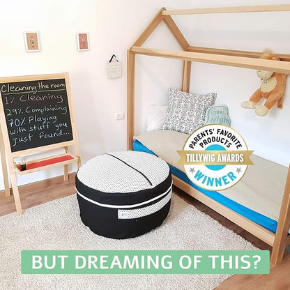 2 Sizes in 1 Stuffed Animal Storage Bean Bag Chair Cover for Kids & Adults | Washable XL Stuffie Seat | 100% Cotton | Pouf Organizer for Plush Toys, Linens, Quilts & Pillows | Black & White