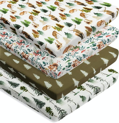 4 Pack N Play Sheets Woodland Forest Animals Wood Neutral Unisex Fitted Baby N Play Sheets Fitted for Standard Pack and Plays and Mini Cribs Set for Baby Boys or Girls (Cartoon Fox)