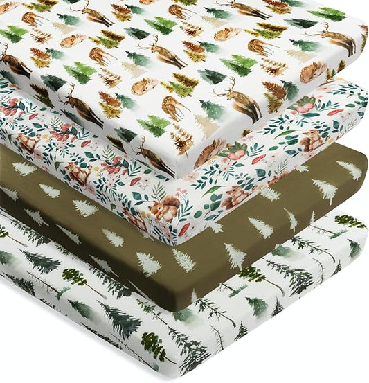 4 Pack N Play Sheets Woodland Forest Animals Wood Neutral Unisex Fitted Baby N Play Sheets Fitted for Standard Pack and Plays and Mini Cribs Set for Baby Boys or Girls (Cartoon Fox)