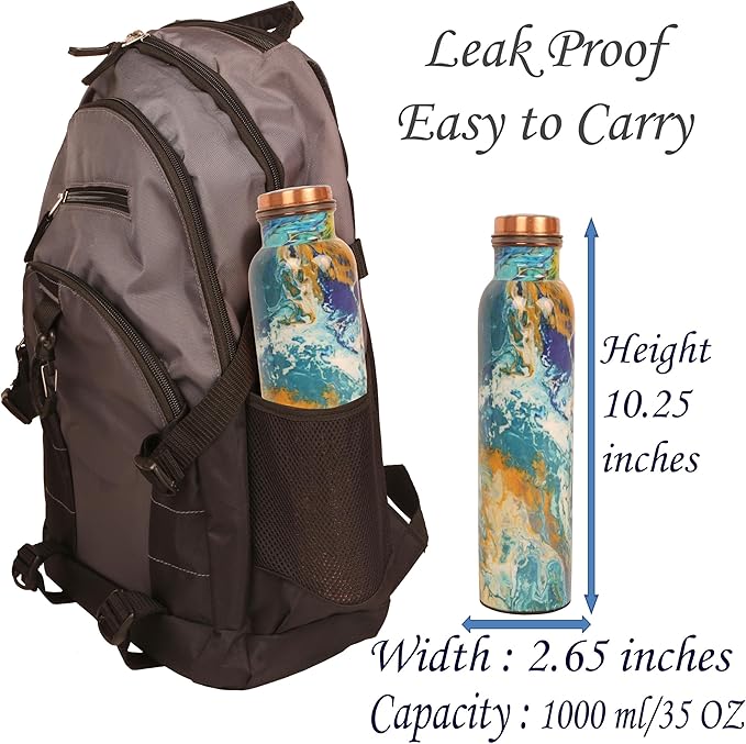 Pure Copper Water Bottle - Handcrafted - Ayurveda health benefits - Large 35 oz - Leak proof - Easy to carry for Sports, Fitness, Yoga, School - Royal Mosaic 3D Vintage Colorful Enamel