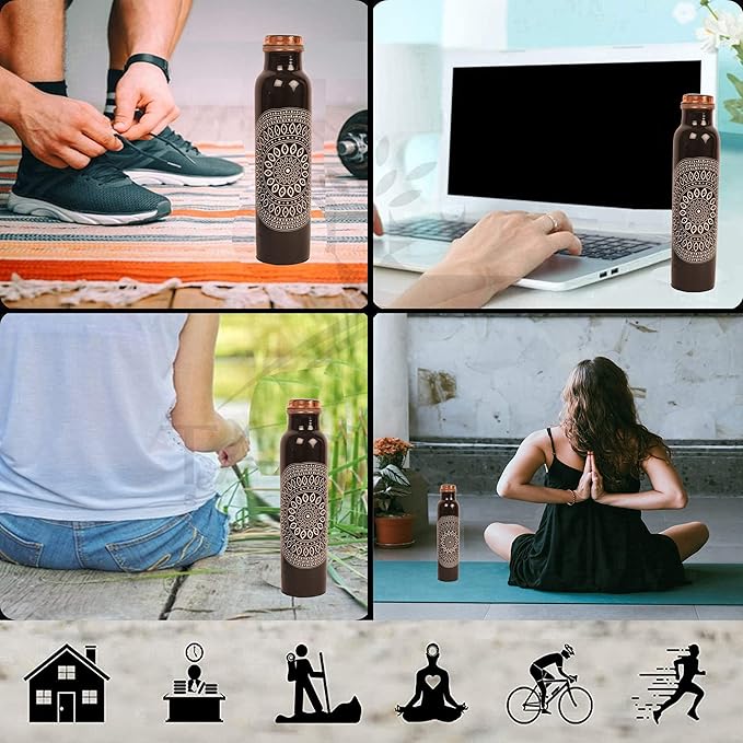 Pure Copper Water Bottle - Handcrafted - Ayurveda health benefits - Large 35 oz - Leak proof - Easy to carry for Sports, Fitness, Yoga, School - Ethnic Rangoli Inspired Black Base Enamel