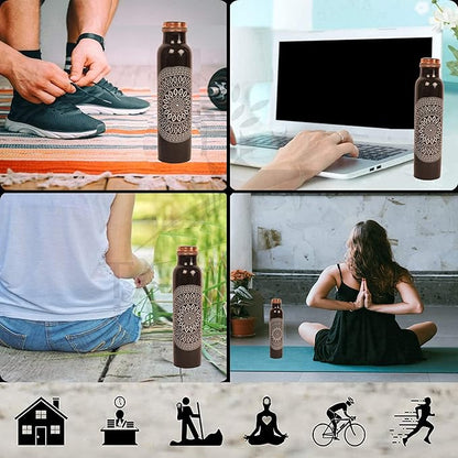 Pure Copper Water Bottle - Handcrafted - Ayurveda health benefits - Large 35 oz - Leak proof - Easy to carry for Sports, Fitness, Yoga, School - Ethnic Rangoli Inspired Black Base Enamel