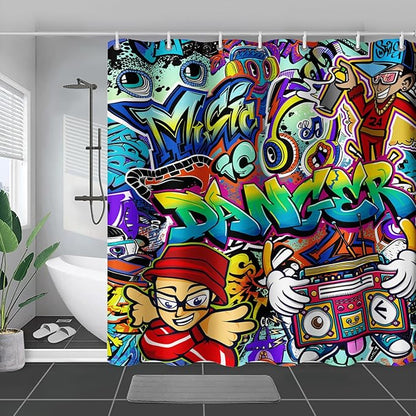 AILONEN Hip Hop Graffiti Shower Curtain for Bathroom,Colorful Graffiti Music Dancer Bathroom Curtain for Kids Boys Girls,Bath Curtain 72" W*78" H Polyester Waterproof Bathroom Curtain with 12 Hooks