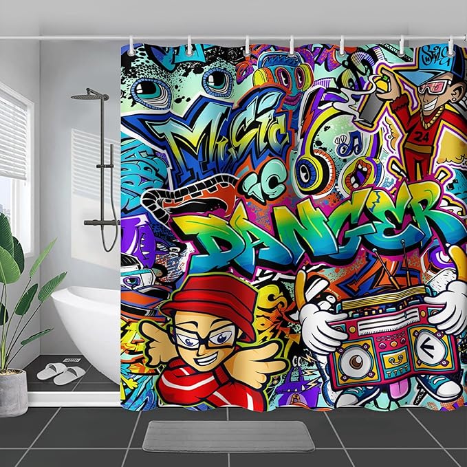 AILONEN Hip Hop Graffiti Shower Curtain for Bathroom,Colorful Graffiti Music Dancer Bathroom Curtain for Kids Boys Girls,Bath Curtain 72" W*84" H Polyester Waterproof Bathroom Curtain with 12 Hooks