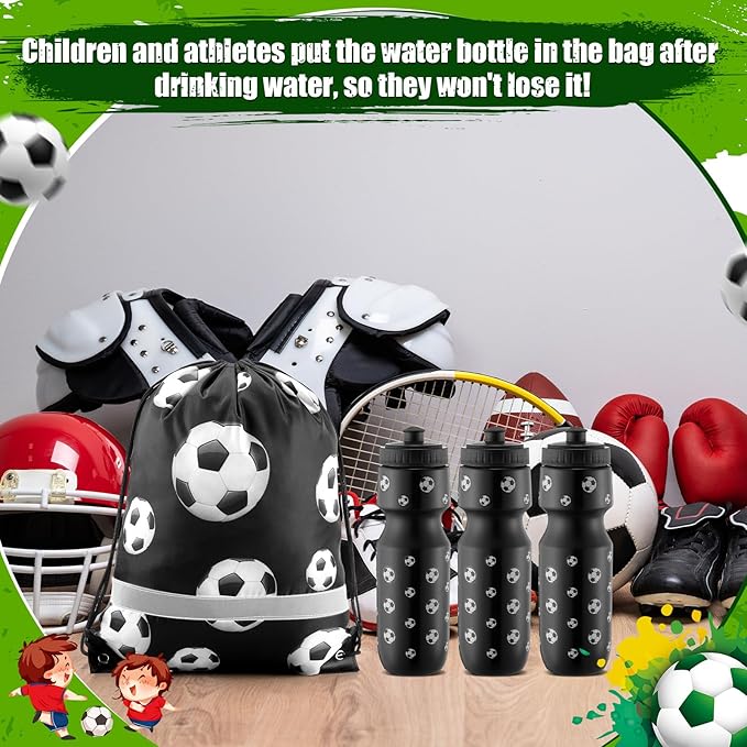 4 Pcs Soccer Party Favors, Soccer Drawstring Bags Goodie Treat Bags and 24 oz Squeeze Water Bottles