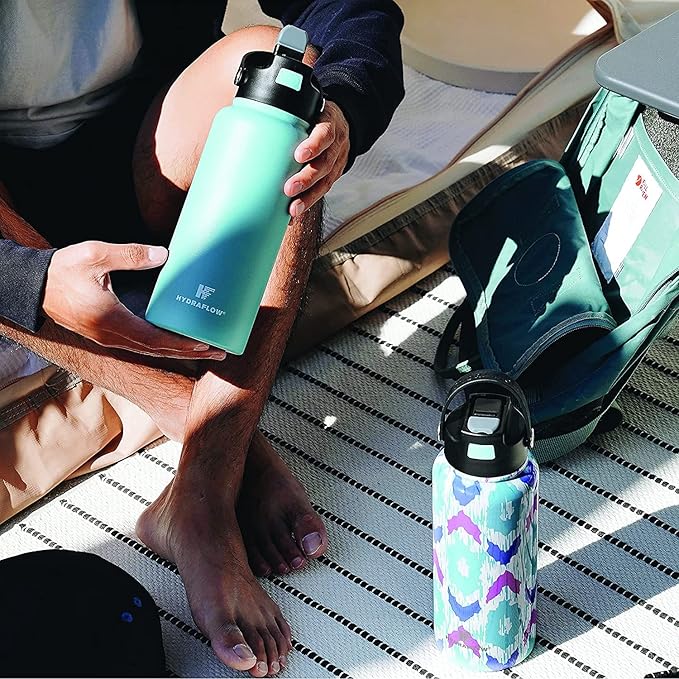 Hydraflow Hybrid - Triple Wall Vacuum Insulated Water Bottle with Flip Straw (25oz, Powder Aqua) Stainless Steel Metal Thermos, Reusable Leak Proof BPA-FREE for Sports and Travel