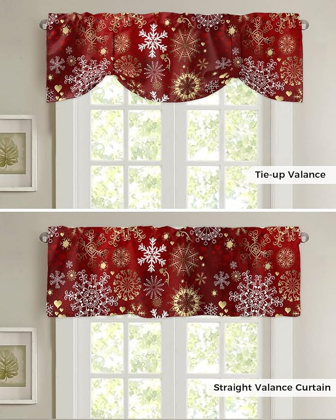 Christmas Blackout Tie Up Valance Curtains for Kitchen Windows Snowflake Pattern Window Toppers Balloon Shades for Living Room/Bathroom/Bedroom,1 Panel,42" X 18" Gold White