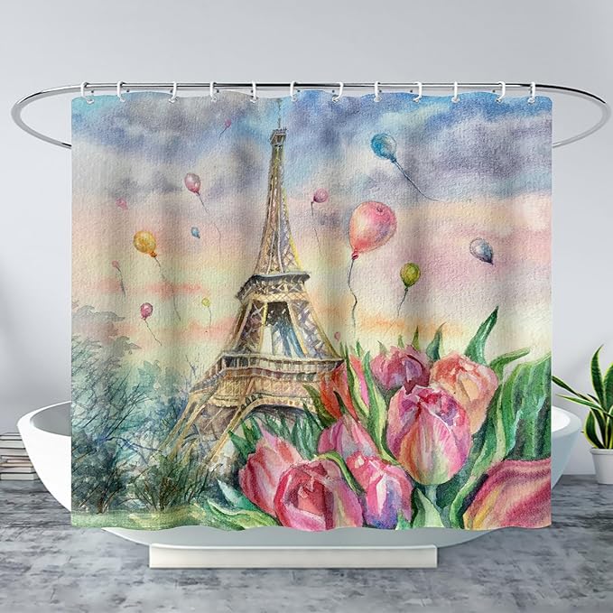 AILONEN Eiffel Tower Shower Curtain,Fantasy Tower Bathroom Fabric Shower Curtain for Girls Kids Teens, 72" W*72" H Flower Balloon Paris Tower Watercolor Theme Bathroom Decor