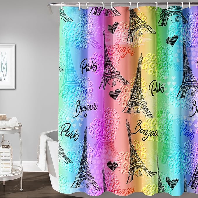 AILONEN Rainbow Shower Curtain for Bathroom, Rainbow Gradient Eiffel Tower Printed Bath Curtain,Women Girls Kids Minimalist Waterproof Fabric Shower Curtain Set with Hooks 60" W*72" H