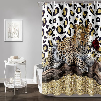 AILONEN Leopard Shower Curtains for Bathroom,Rose Leopard Bath Shower Gifts for Lover,Wild Animal Curtains Polyester Waterproof with 12 Plastic Hooks 48" W*72" H