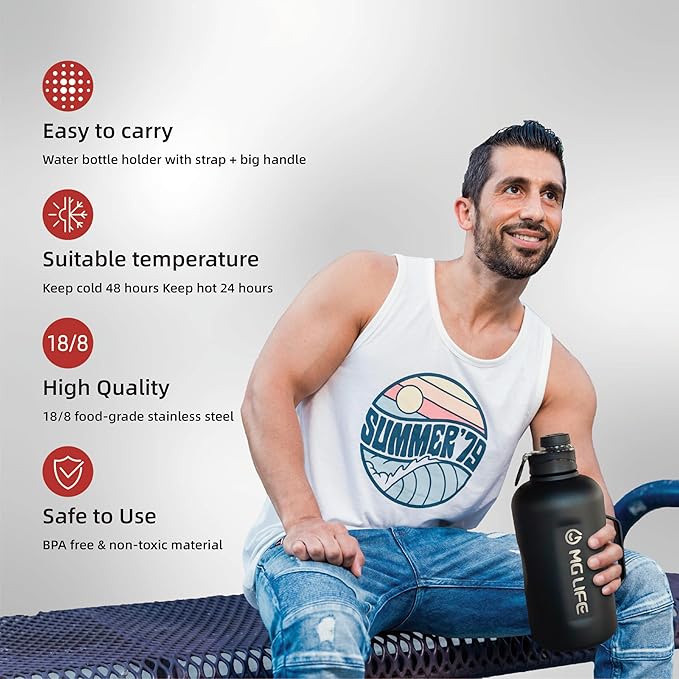 64oz Insulated Water Bottle With Handle, Stainless Steel Thermos With Straw, Water Bottle Holder With Strap, Half Gallon Water Jug, For Water, Iced Tea Or Coffee, On Gym,(Black)