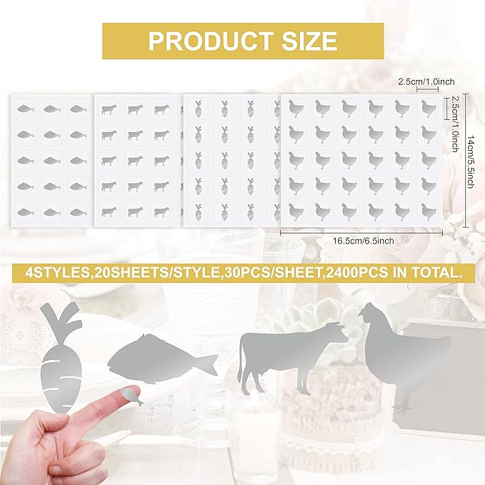 OLYCRAFT 1200pcs 4 Styles Silver Meal Stickers 1 Inch Food Choice Sticker Cow/Chicken/Fish/Carrot Wedding Meal Indicator Stickers Kitchen Stickers Meal Stickers for Place Card Wedding Party Supplies