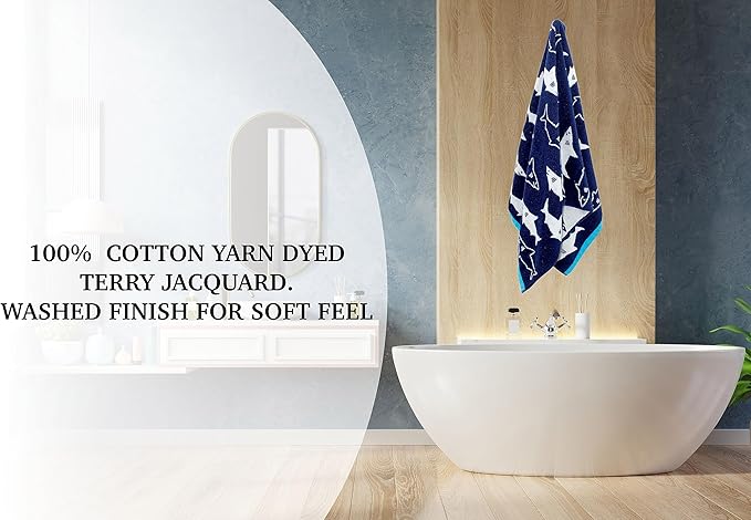 6 Piece Towel Set - Bath Time Shark Attack- 2 Bath Towels, 2 Hand Towels, 2 Washcloths in Bonus Tote Bag- 100% Cotton Jacquard Soft Absorbent Quick Dry Pool Beach Towel Gift - Navy Blue