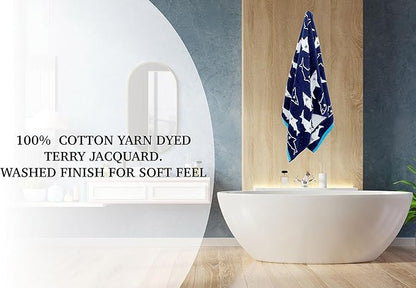 6 Piece Towel Set - Bath Time Shark Attack- 2 Bath Towels, 2 Hand Towels, 2 Washcloths in Bonus Tote Bag- 100% Cotton Jacquard Soft Absorbent Quick Dry Pool Beach Towel Gift - Navy Blue