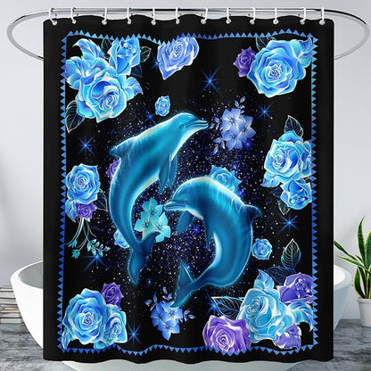 AILONEN Catrtoon Dolphin Shower Curtain Bathroom 48" W*72" H Blue Dolphin Curtain Cloth Fabric Bathroom for Kids Girls,3D Blue Rose with Jumping Dolphins Shower Curtain Set