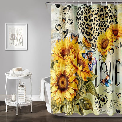 AILONEN Sunflower Waterproof Shower Curtain,Yellow Sunflower Bath Curtain for Girls Women,Romantic Hearts Butterfly Flower Bathroom Curtain with 12 Plastic Hooks, 72" W x 78" H
