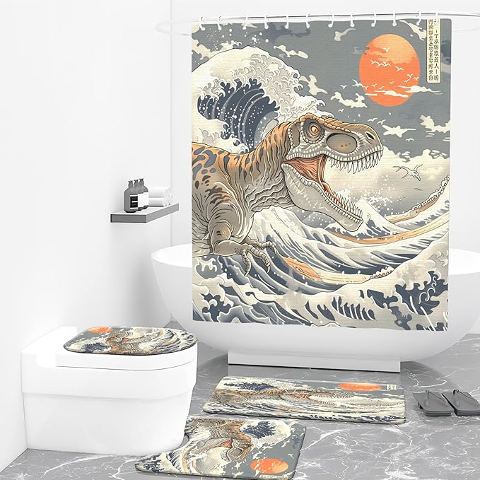 4PCS Dinosaur Shower Curtain Set with 12 Hooks for Bathroom Sets Dinosaur Decor, Non-Slip Rugs and Toilet Mat Lid Rug, Durable Waterproof for Bathroom Cool Japanese Ocean Wave Decor 72x72 Inch