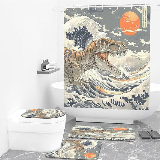 4PCS Dinosaur Shower Curtain Set with 12 Hooks for Bathroom Sets Dinosaur Decor, Non-Slip Rugs and Toilet Mat Lid Rug, Durable Waterproof for Bathroom Cool Japanese Ocean Wave Decor 72x72 Inch