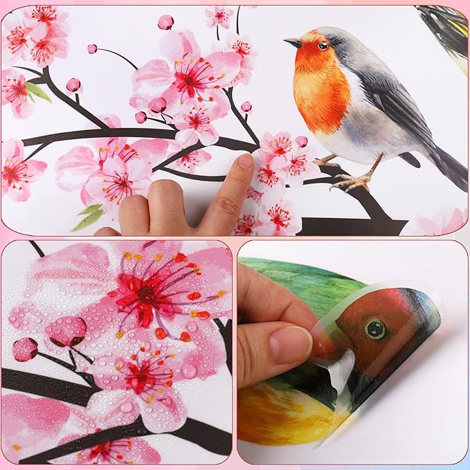 Amaonm 2 Sheets of 12"x36" Removable Pink Red Cherry Blossom Flowers Wall Stickers DIY Flying Birds and Tree Brances Wall Decals 3D Peel and Stick Floral art Decor for Kids Girls Bedroom Living Room Nursery Decoration (37"x51")