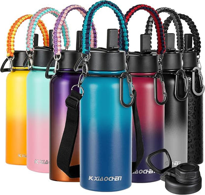 32 oz Insulated Water Bottle with Paracord Handles & Strap, 2 Lids(Straw Lid&Spout Lid), Stainless Steel Reusable Wide Mouth Metal Water Bottle With Straw, Double Walled, Thermo Mug(Dark Night)