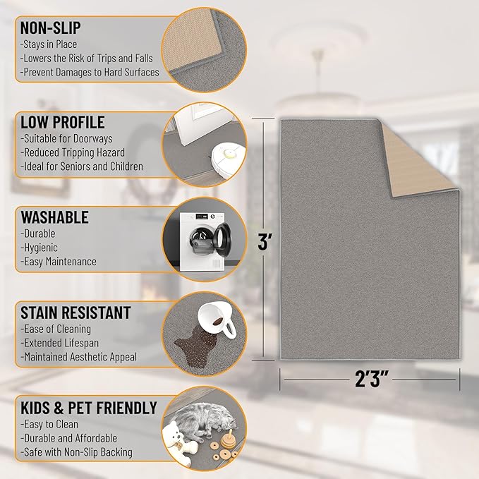 Machine Washable Modern Solid Design Non-Slip Rubberback 2x3 Traditional Area Rug for Entryway, Bedroom, Kitchen, Bathroom, 2'3" x 3', Gray