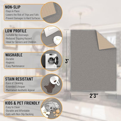 Machine Washable Modern Solid Design Non-Slip Rubberback 2x3 Traditional Area Rug for Entryway, Bedroom, Kitchen, Bathroom, 2'3" x 3', Gray