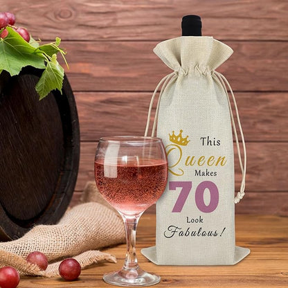 70th Birthday Gift Wine Bag 70 Year Old Birthday Gift for Women Party Decors Drawstring Wine Bag Retirement Gift 70th Milestone Gift Reusable Wine Wrap Bag for Grandma Mom