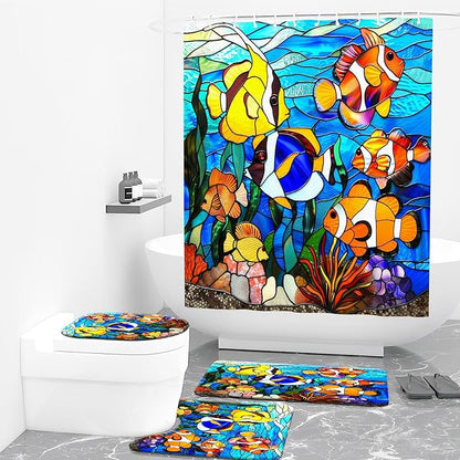 4PCS Fish Shower Curtain Set with 12 Hooks for Bathroom Sets Fish Decor, Non-Slip Rugs and Toilet Mat Lid Rug, Durable Waterproof for Bathroom Stained Glass Fish Decor 72x72 Inch