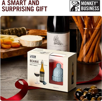Monkey Business Beanie Wine Stopper | 2 Wine Stoppers in 1 Pack | Cute Wine Accessories | Fun Kitchen Gadgets | Wine Stoppers for Wine Bottles | Knit-Beanie-Shaped Wine Bottle Stopper w/a Pom-Pom